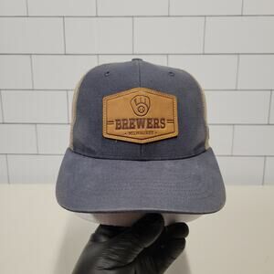 Milwaukee Brewers 47 Brand Leather Patch Trucker Snapback Hat Gray Tan MLB